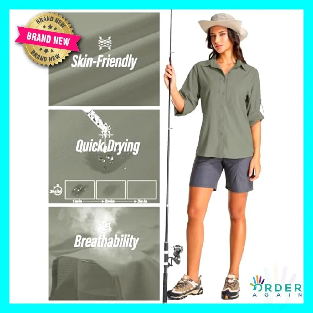 Long Sleeve Button Down Shirt UPF 50 Quick Dry Lightweight Safari Hiking Travel